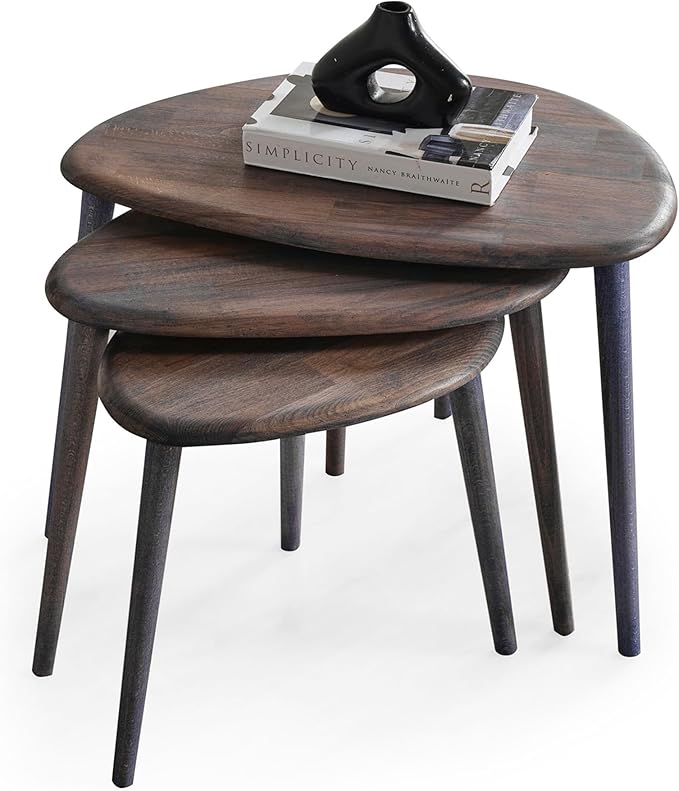 Solid Wood Nesting Coffee Table Set of 3 - Mid Century Modern Pebble Tables