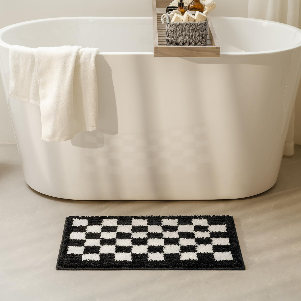 GRANNY SAYS Checkered Black Bathroom Rugs, 24" x 16", Non-Slip Bath Mats for Bathroom, Plush Shag Absorbent Microfiber Ultra Soft Bath Mat, Cute Washable Rug for Tub, Shower, Bedroom