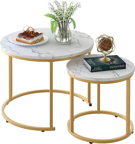 Coffee Table Nesting White Set of 2 Side Set Golden Frame Circular