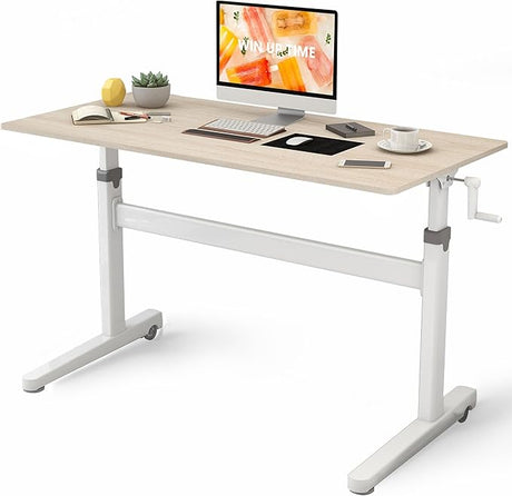 Manual Standing Desk Adjustable Height- Crank Mobile Standing Desk 48 x 24 Inches Sit Stand Desk Frame & Top, Stand Up Desk on Wheels, Computer Desk Black Frame & Rustic Brown