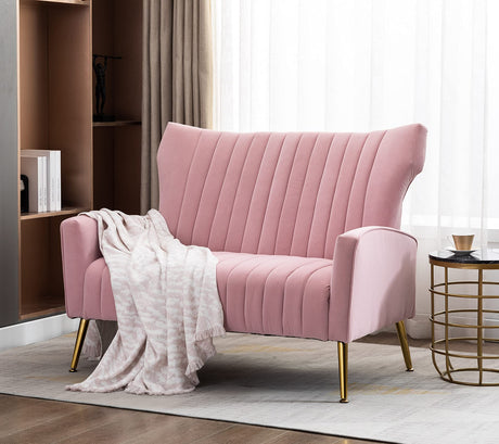 Tufted Contemporary Velvet Wingback HighBack Loveseat Sofa Chair Upholstered Couch with Gold Metal Legs Two-Seat Sofa for Living Room Bedroom Apartment Small Space Dorm, Pink