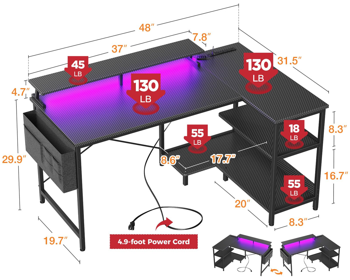 48 Inch Gaming Desk with USB Charging Ports and LED Lights