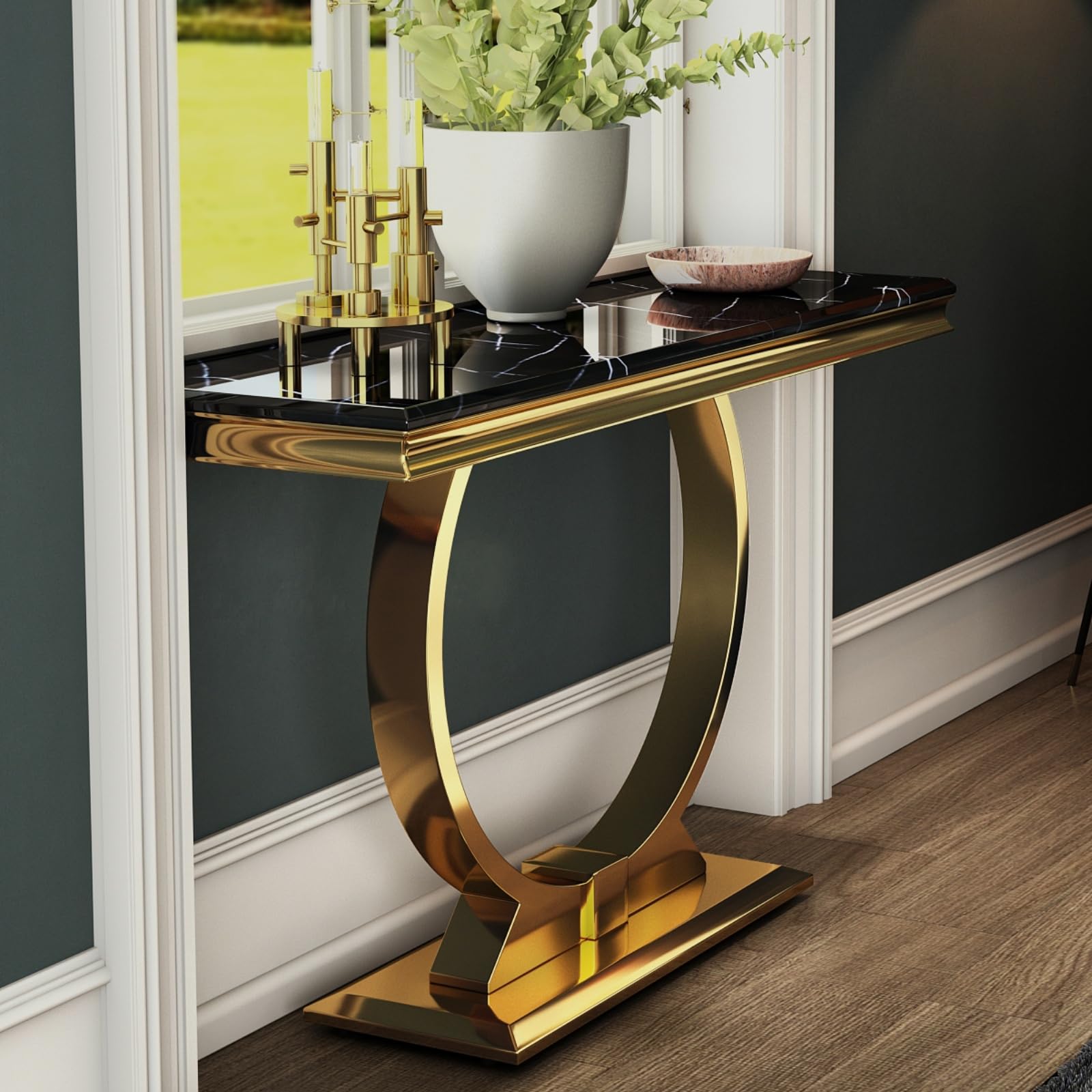 Black Gold Console Table, 50" Black Entrance Table with Gold U Shaped Base