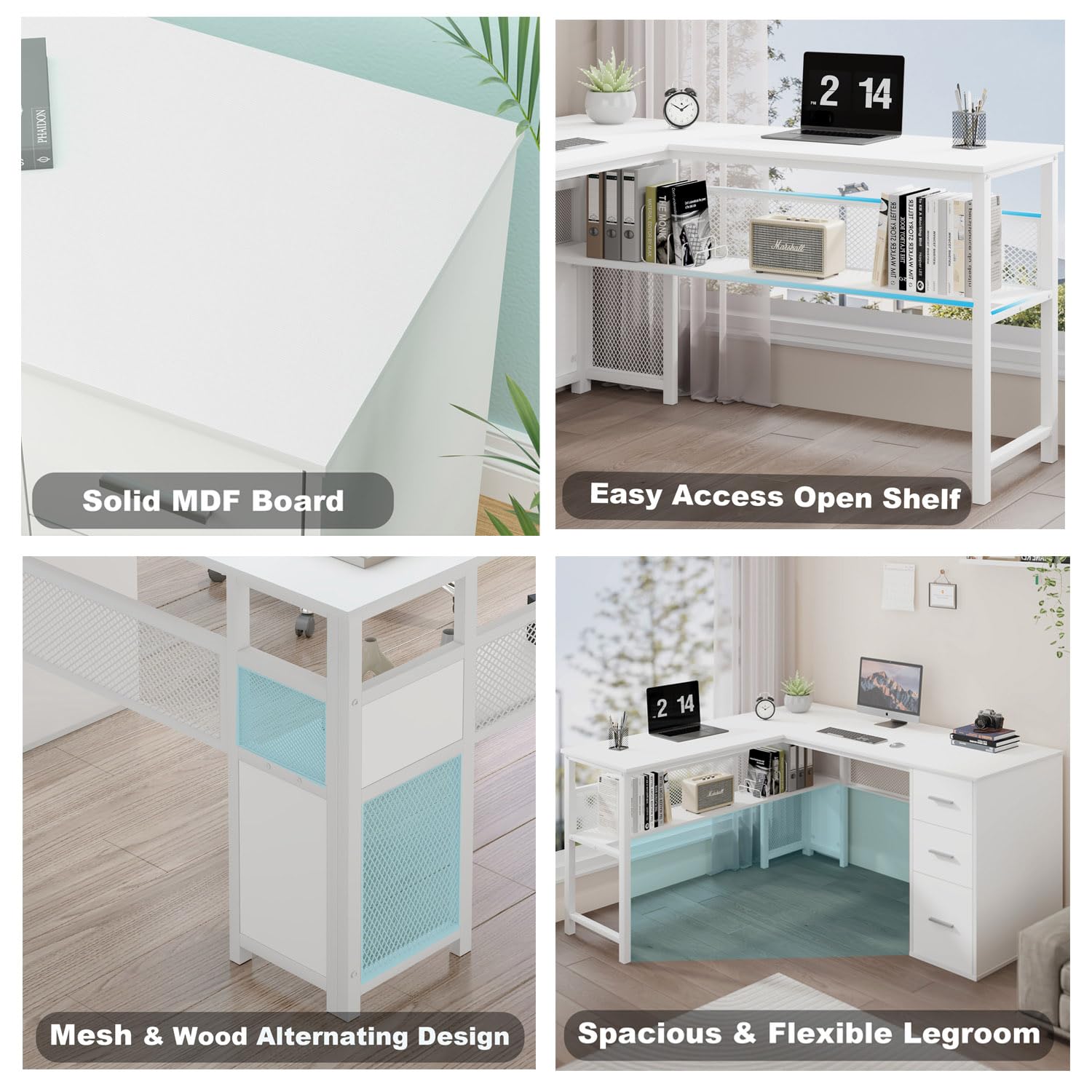 White L shaped Corner Desk with Drawers, Reversible Modern L-Shaped Computer Desk