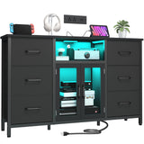 Dresser,Black Dresser for Bedroom Dresser TV Stand with Charging Station for 60" TV Long 6 Drawer Dresser for Bedroom with LED Light Large Fabric Dresser Organizer Unit Tall Chest of Drawers for Kids