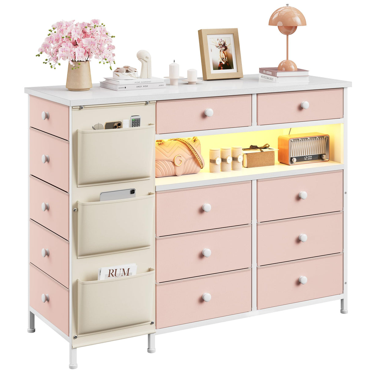 Drawers Dresser for Bedroom with and Charging Station, Long Drawers Dresser, Pink Dressers & Chests of Drawers, Fabric Chest of Drawers with Side Pocket for Girl Bedroom Closet Organizer