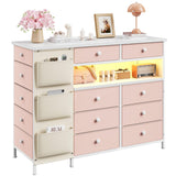 Drawers Dresser for Bedroom with and Charging Station, Long Drawers Dresser, Pink Dressers & Chests of Drawers, Fabric Chest of Drawers with Side Pocket for Girl Bedroom Closet Organizer