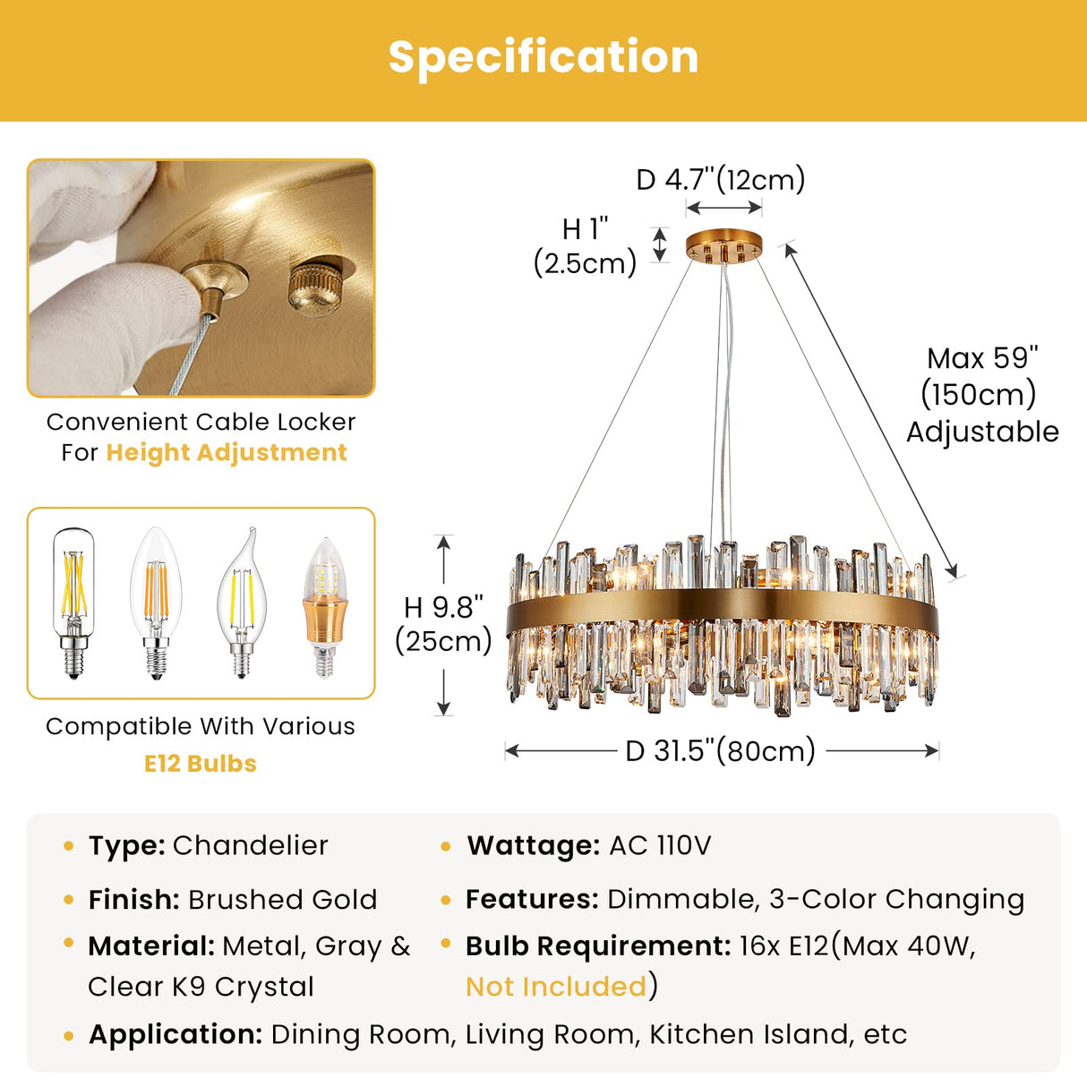 Modern Crystal Chandeliers, 16 Lights Brass Gold Round K9 Crystal Raindrop