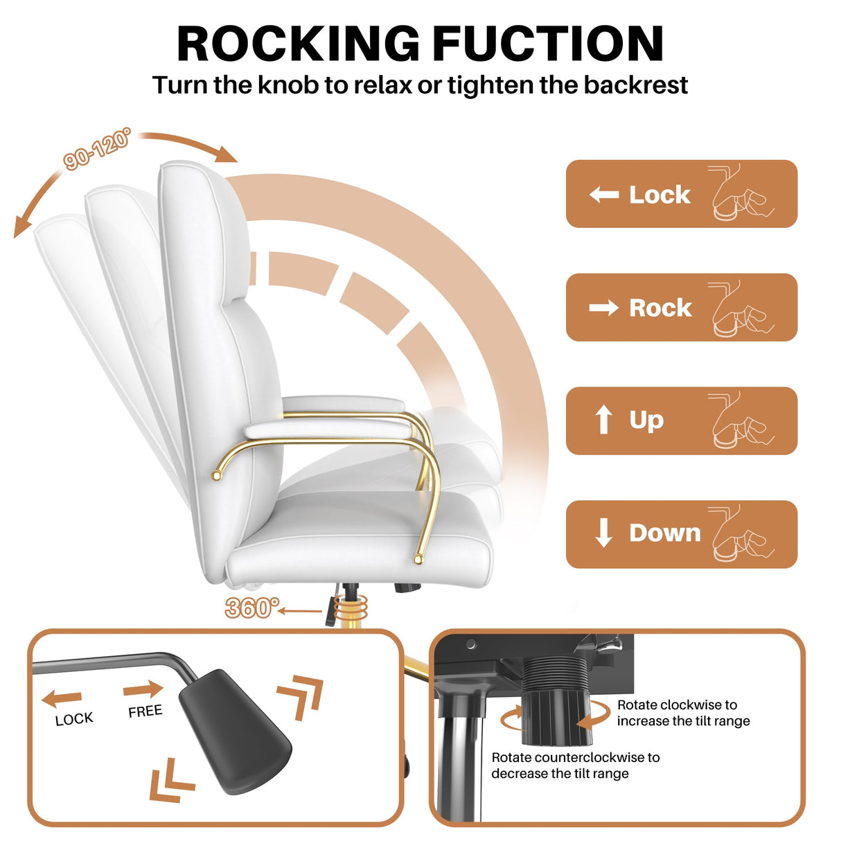 White and Gold Office Chair - Memory Foam High Back Executive Desk Chair