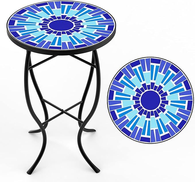 Mosaic Outdoor Side Table, Patio Side Table, Weather Resistant 14" Diameter 21"
