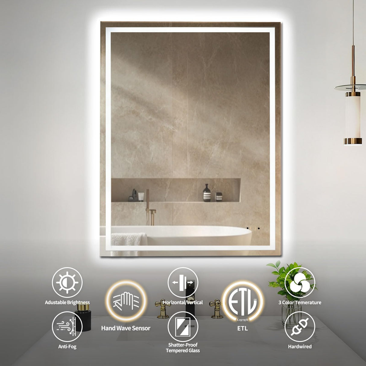 32x40 LED Bathroom Mirror with Hand Wave Sensor - Dimmable Anti-Fog Wall Mount