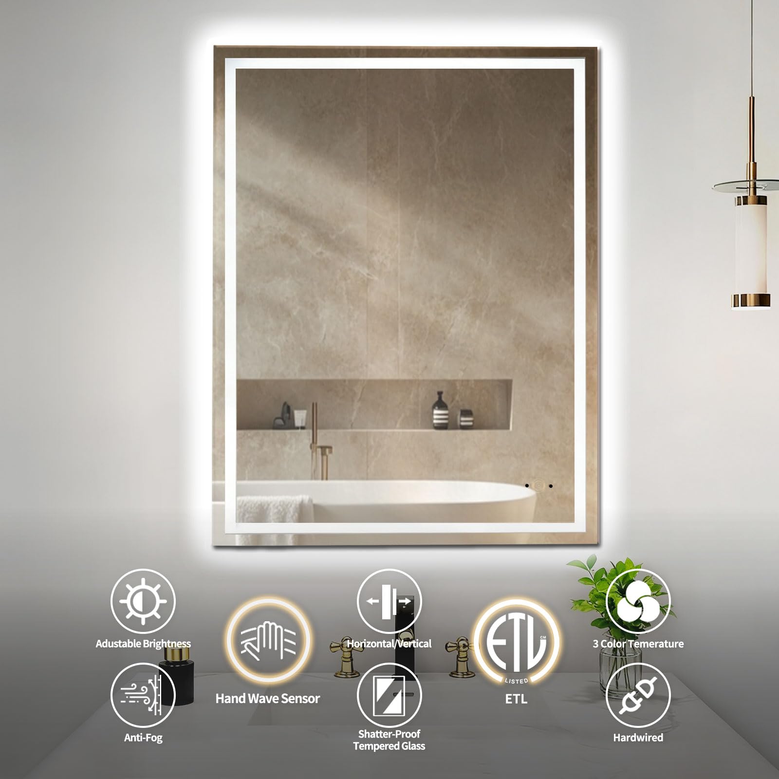 32x40 LED Bathroom Mirror with Hand Wave Sensor - Dimmable Anti-Fog Wall Mount