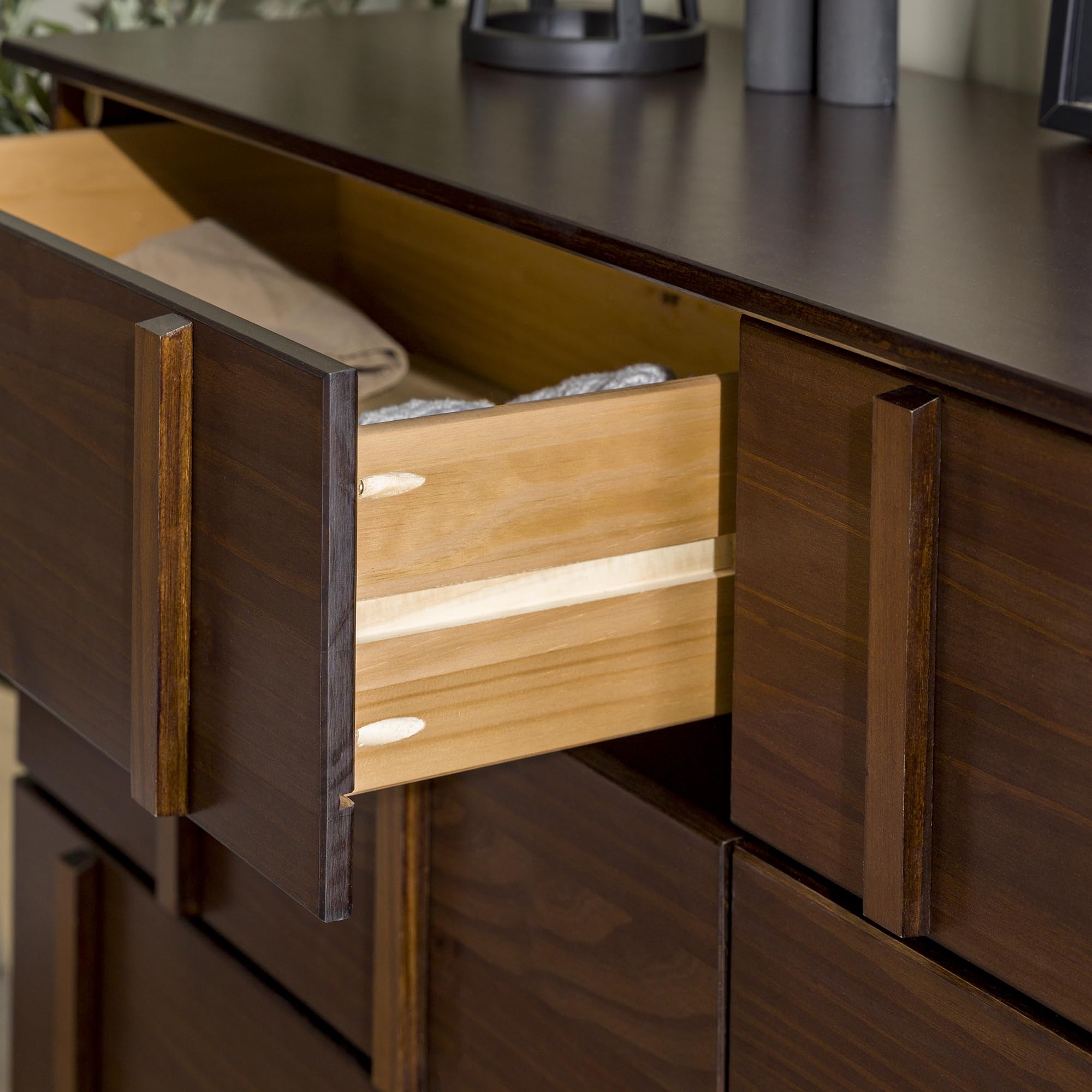 Contemporary Detailed 6-Drawer Solid Wood Dresser, 60 Inch, Walnut