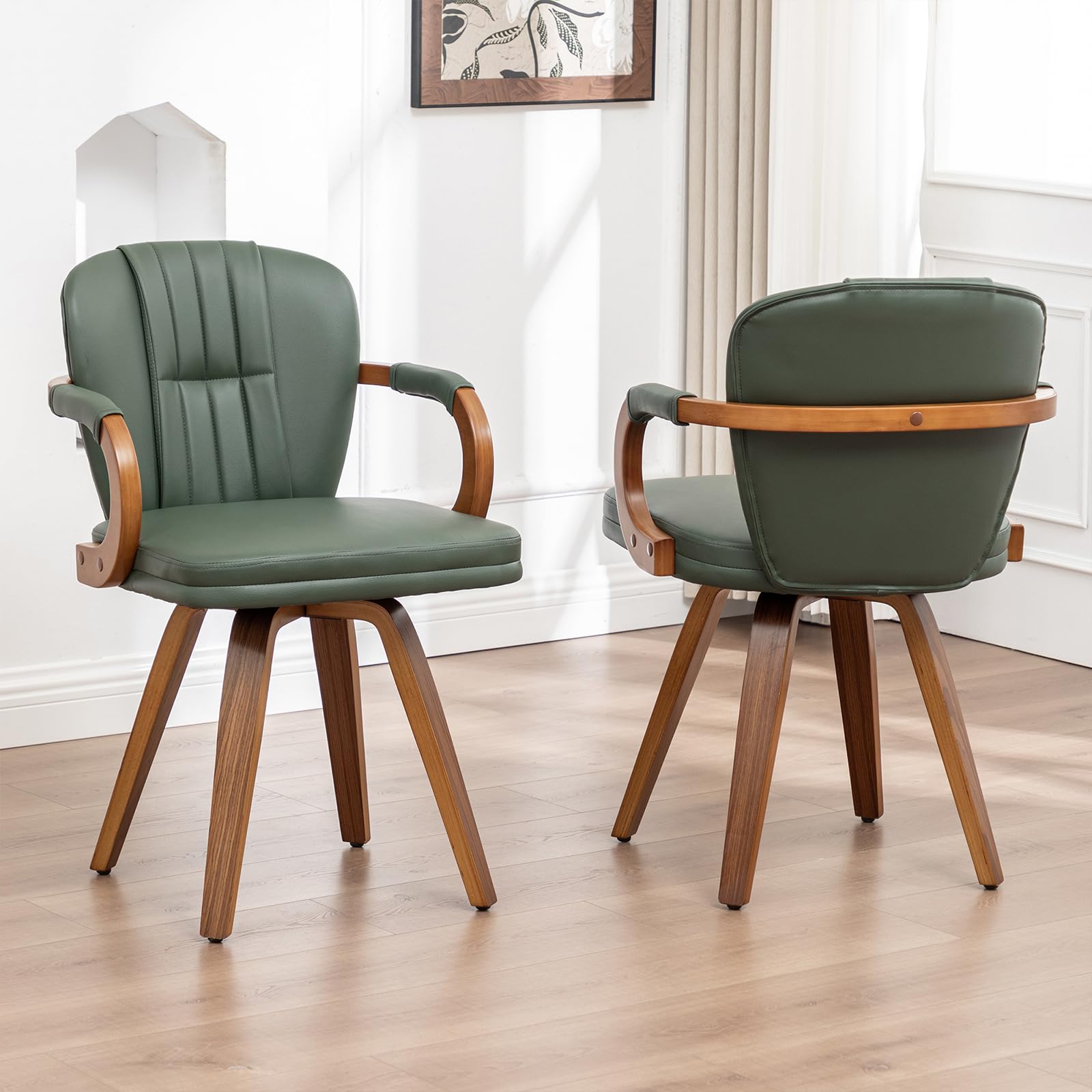 Swivel Dining Chairs Set of 4 - Green Leather Mid Century Modern