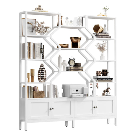 l 5-Tier Bookshelf with 4 Large Storage Cabinet, 74.2" W x 76.5" H Etagere Bookcase 14 Open Display Standing Shelves with Metal Frame for Living Room, Dining Room, White