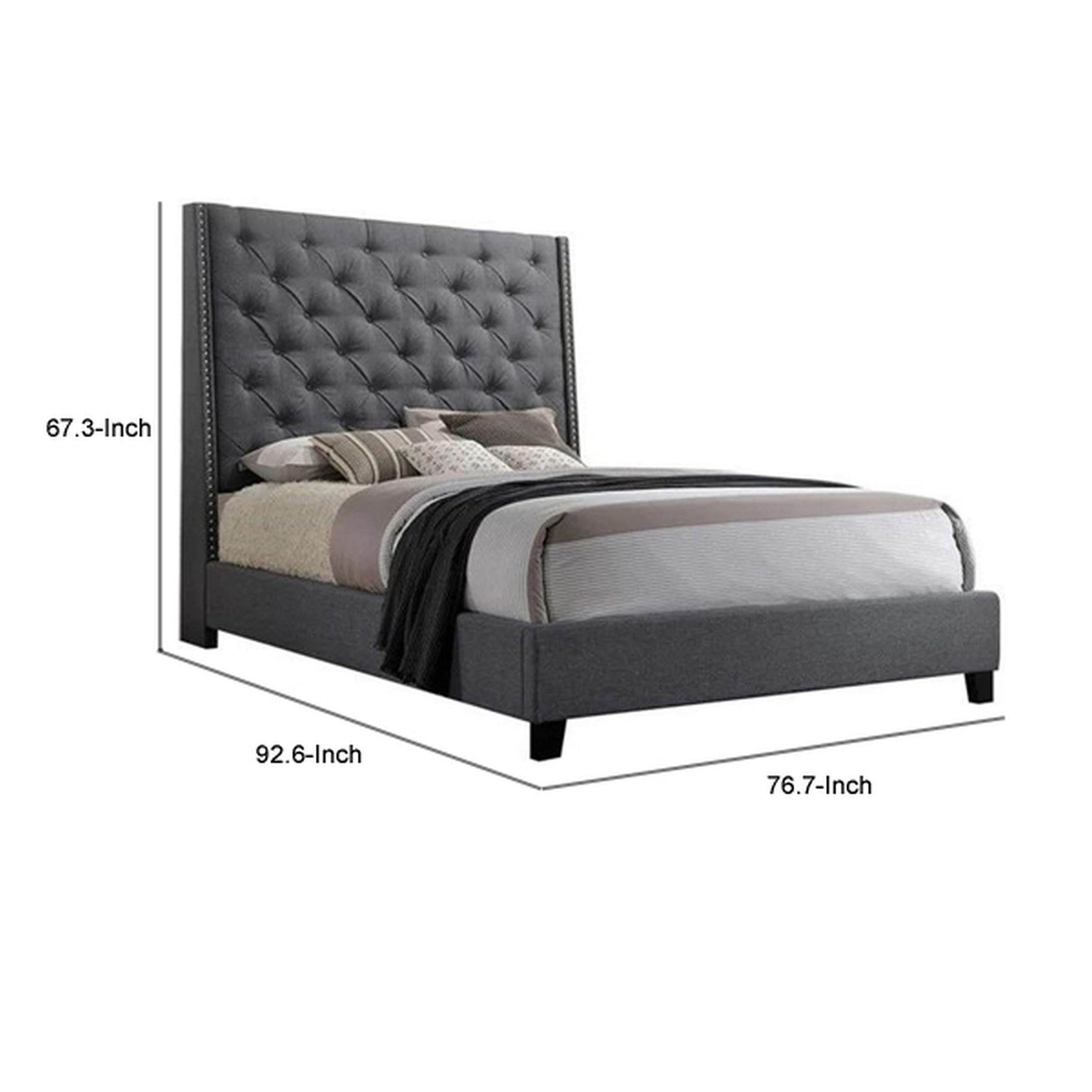 Maze King Size Bed, Button Tufted, Nailhead Trim, Gray Fabric Upholstery