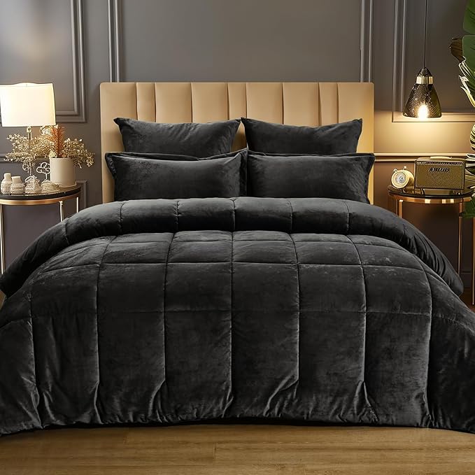 Double-Sided Velvet Comforter Set Queen Size, 5 Piece Soft Luxury Winter Warm Bedding