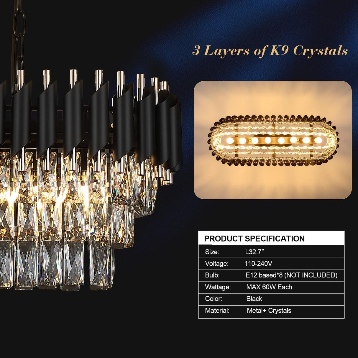 Modern Rectangular Chandelier Black and Gold Crystal Chandeliers for Dining Room