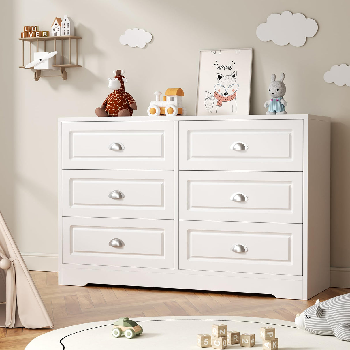 Dresser for Bedroom with 6 Drawers, White Double Dresser & Chest of Drawers Wooden