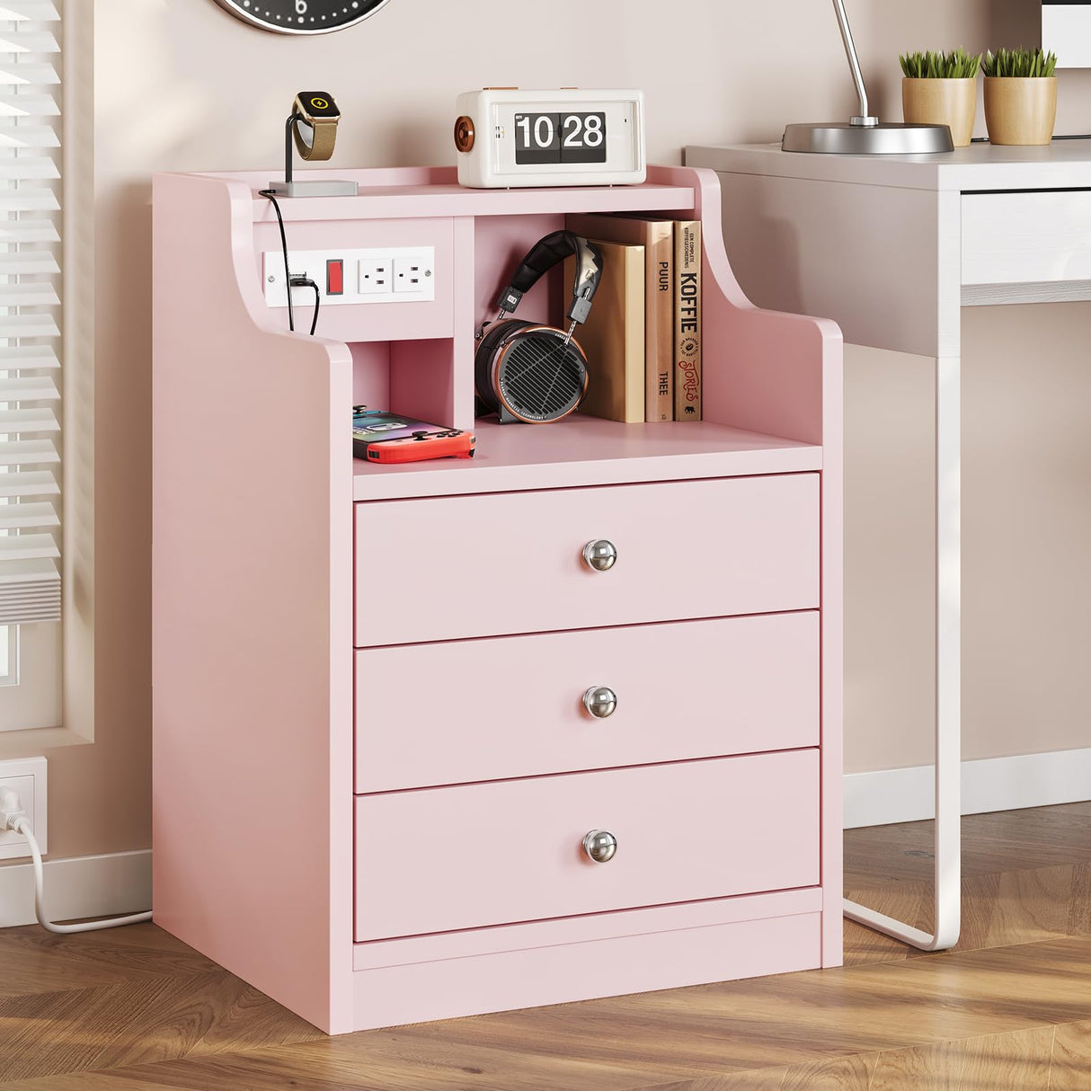 Nightstand with Charging Station,Pink Night Stand with Hutch,Bedside Table with Drawers,