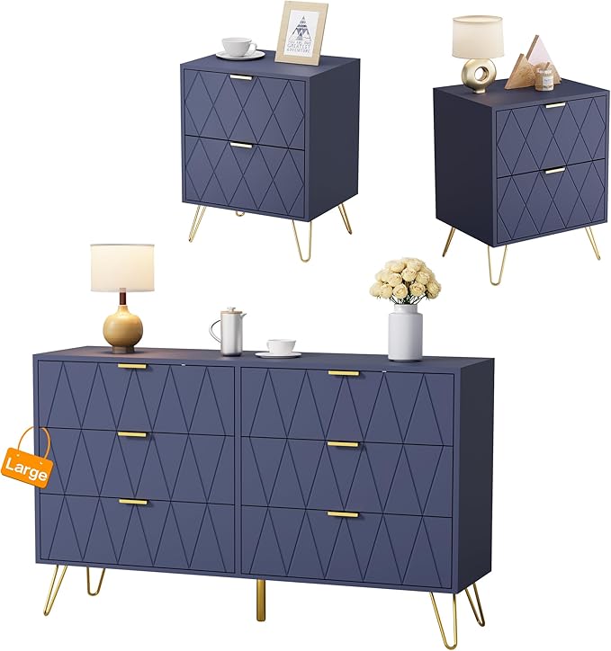 Navy 3 Pcs Bedroom Sets, Large 6 Drawer Dresser and Night Stand Sets for Bedroom