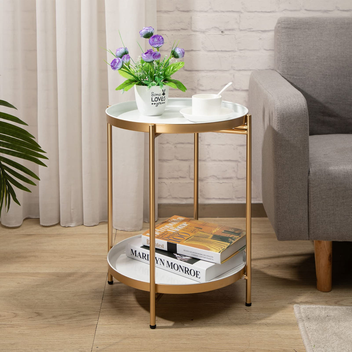 2-Tier Round Metal End Side Table, Accent Anti-Rust Simplistic Sofa Table