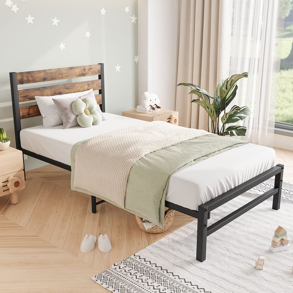 Platform Bed Frame with Rustic Vintage Wood Headboard, Strong Metal Slats Support