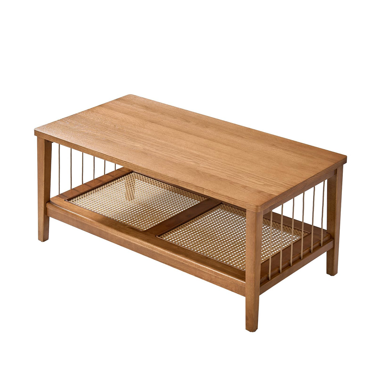 Coffee Table with Storage Rattan Shelf, 2-Tier Farmhouse Rectangular Center