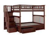 Columbia Full Over Full Size Staircase Bunk Bed with Raised Panel Bed Drawers in Walnut