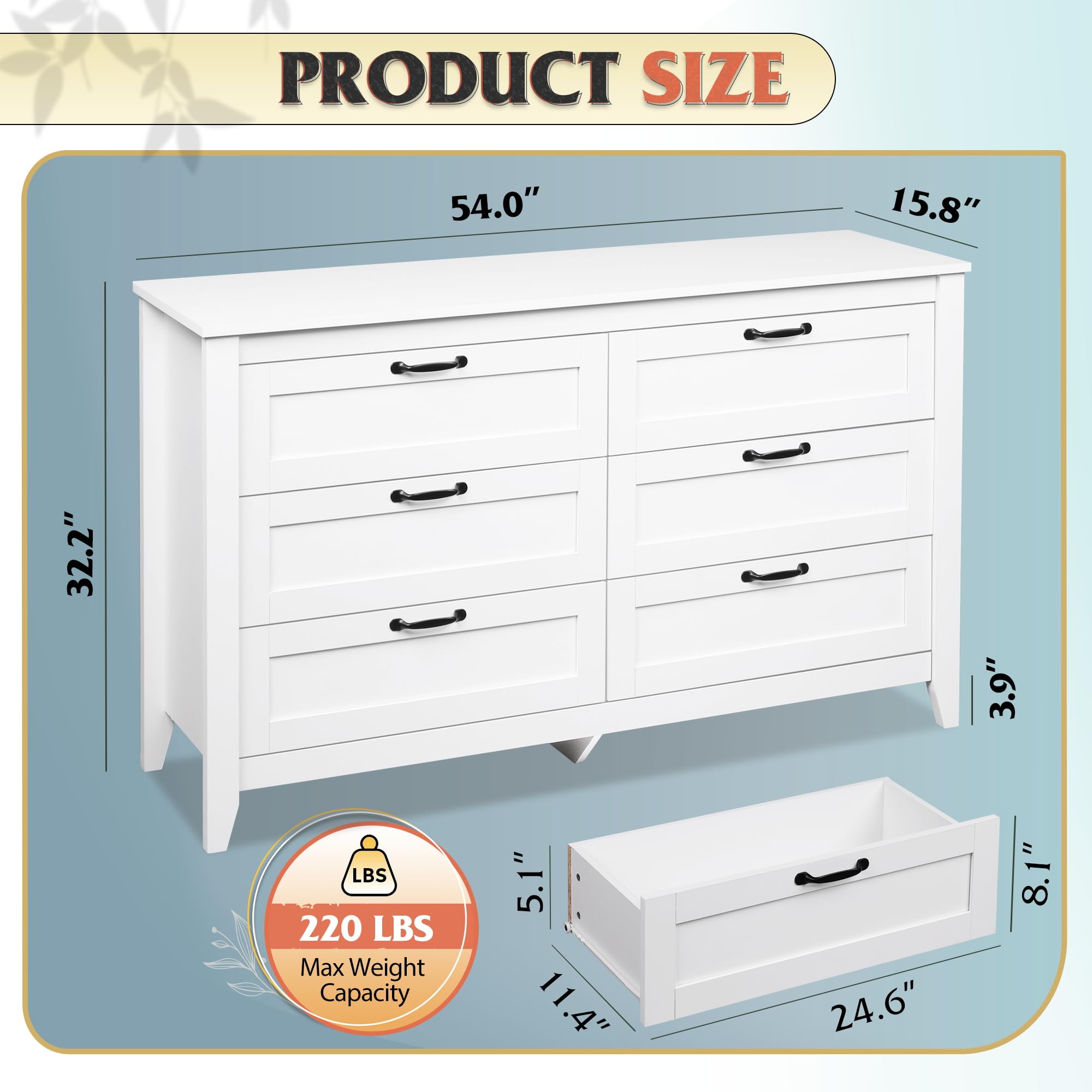 6 Drawer Dresser, Retro Chest of Drawers with Metal Handle, Double Wood Dresser