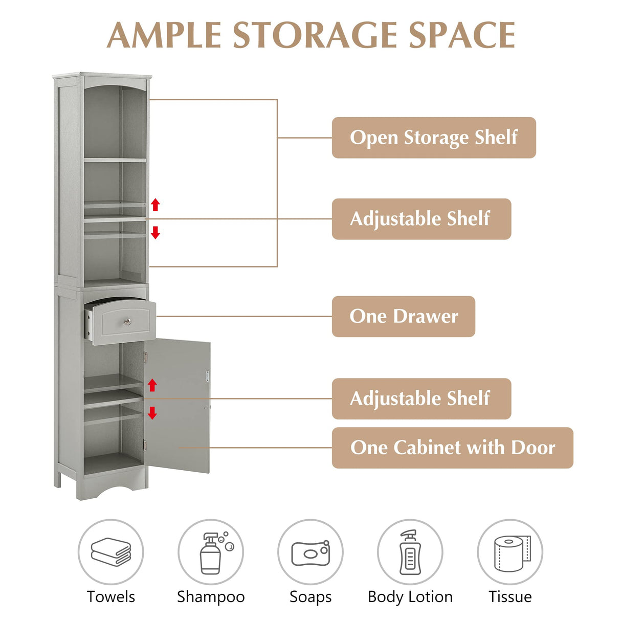 Freestanding Storage Cabinet with Drawer, Adjustable Shelves and Door,