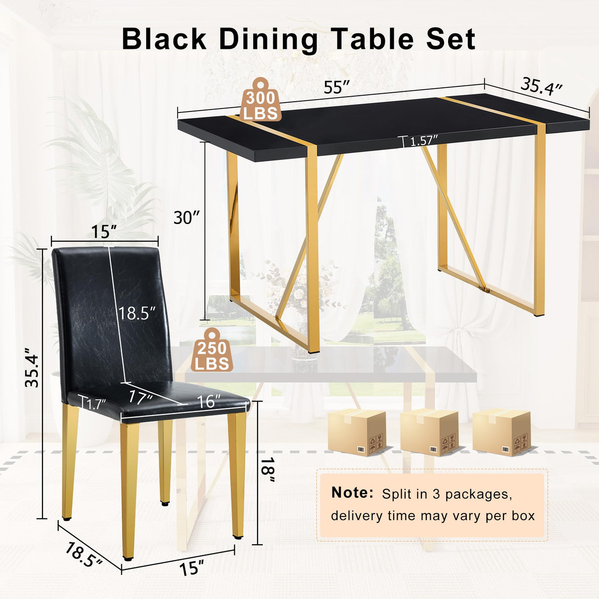 55" Black Dining Table Set for 6 with Golden Metal Legs