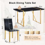 55" Black Dining Table Set for 6 with Golden Metal Legs