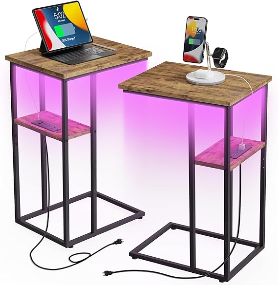 Side Table with Charging Station Set of 2, C Shaped End Table with LED Light Strip