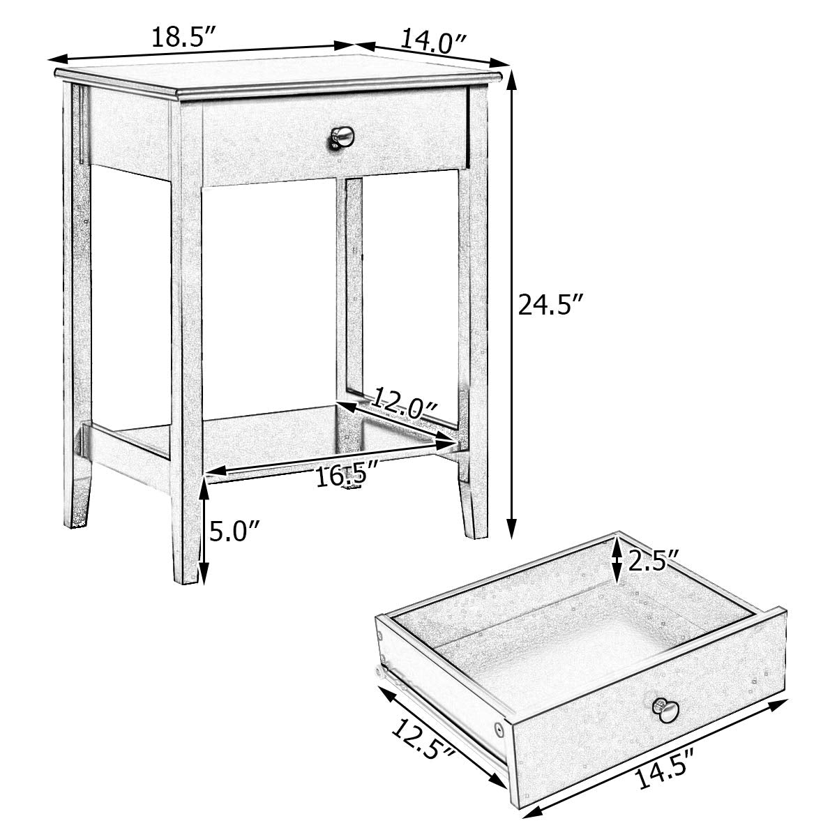 Nightstand Wooden 2-Tier Couch Sofa Side Table with Drawer, Storage Shelf