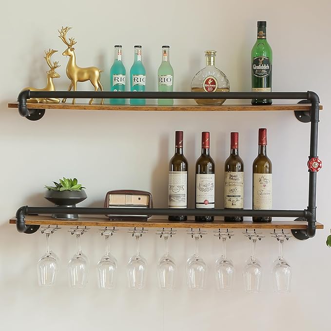 Wine Rack Wall Mounted 2 Tier, Hanging Floating Small Mini Bar Liquor Shelves