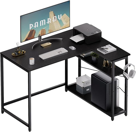 43 Inch L Shaped Computer Desk with Reversible Side Storage Shelves, Small Corner Desk