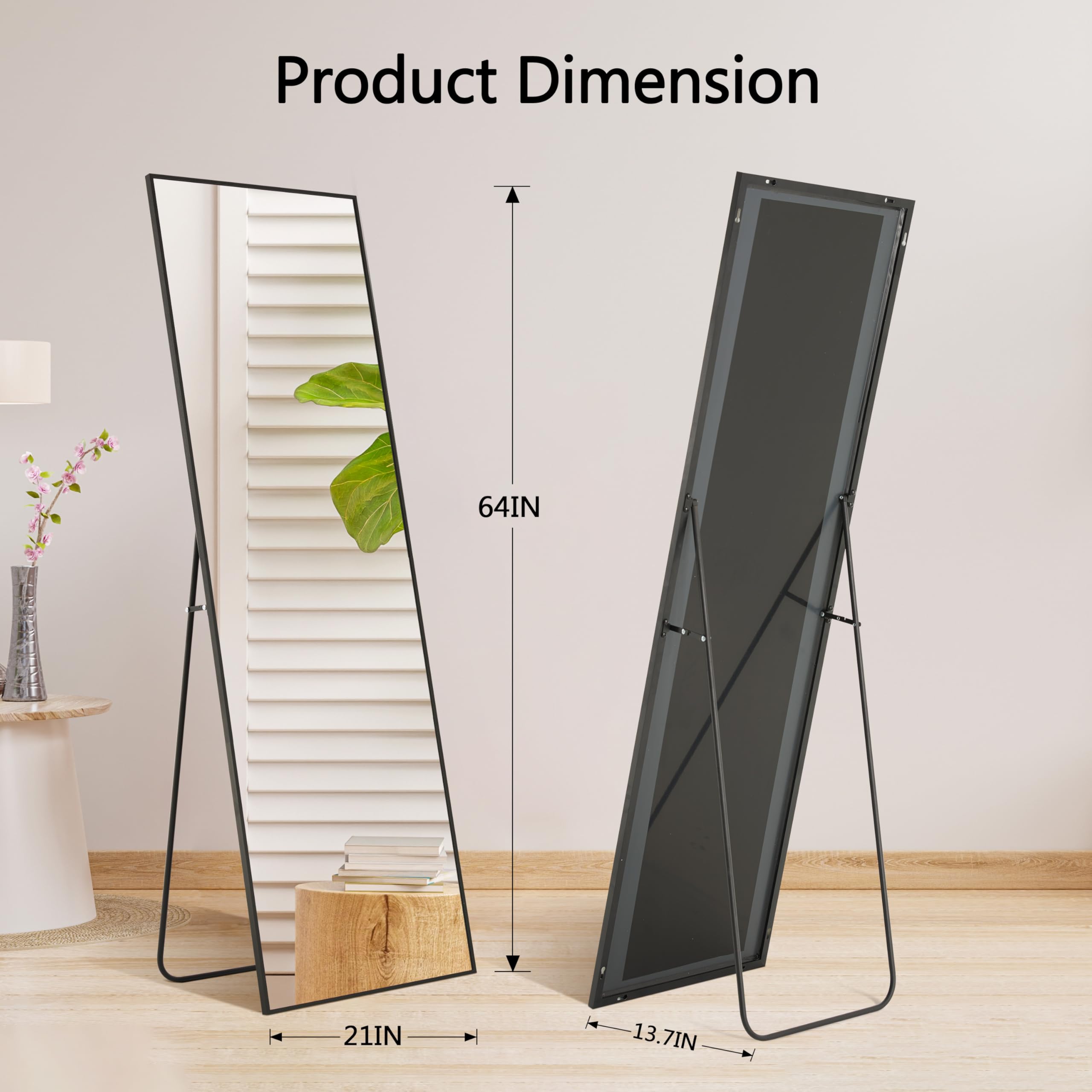 64×21 Inch Large Hanging Wall Mirror - Black Aluminum Frame
