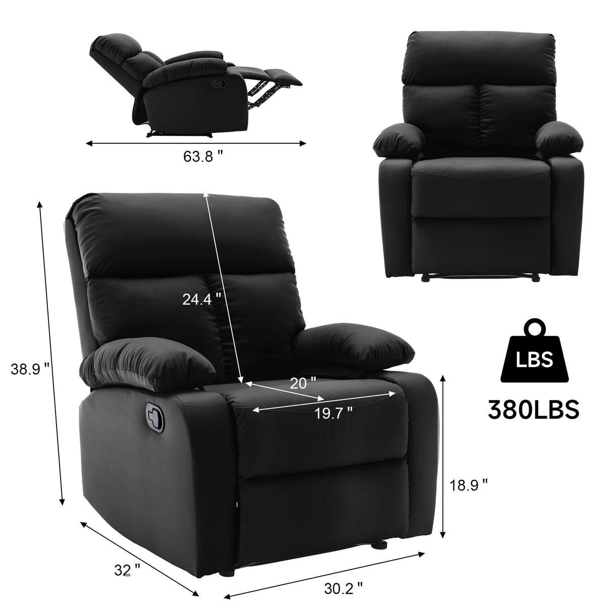 hzlagm Manual Small Recliner Chair for Adults, Small Recliners for Small Spaces, Faux Leather Reclining Chairs, Single Lazyboy Recliner Sofa for Living Room, RV, Bedroom, Black