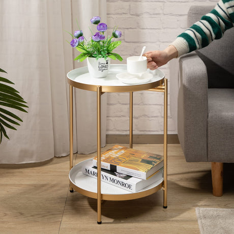 2-Tier Round Metal End Side Table, Accent Anti-Rust Simplistic Sofa Table