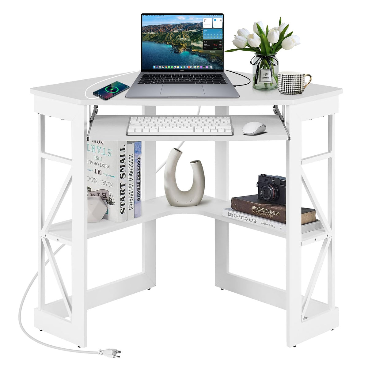 Corner Computer Desk 41x30 inches with Charging Station & Keyboard & Storage Shelves