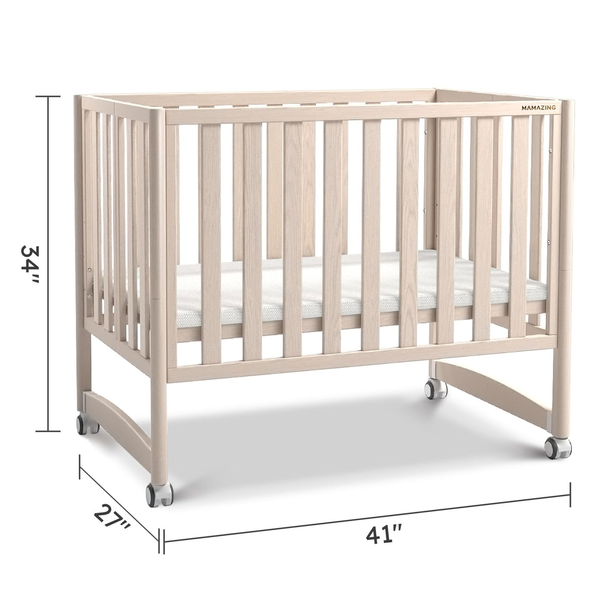 MAMAZING EvoNook 7-in-1 Convertible Mini Crib - Easy Assembly, Portable Folding Baby Mini Crib with Mattress, 100% New Zealand Pinewood, 4 Adjustable Mattress Heights, Washed White