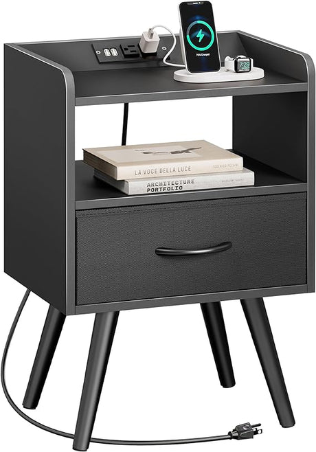 Night Stand with Charger Station, White Nightstand with Drawer and Open Shelf