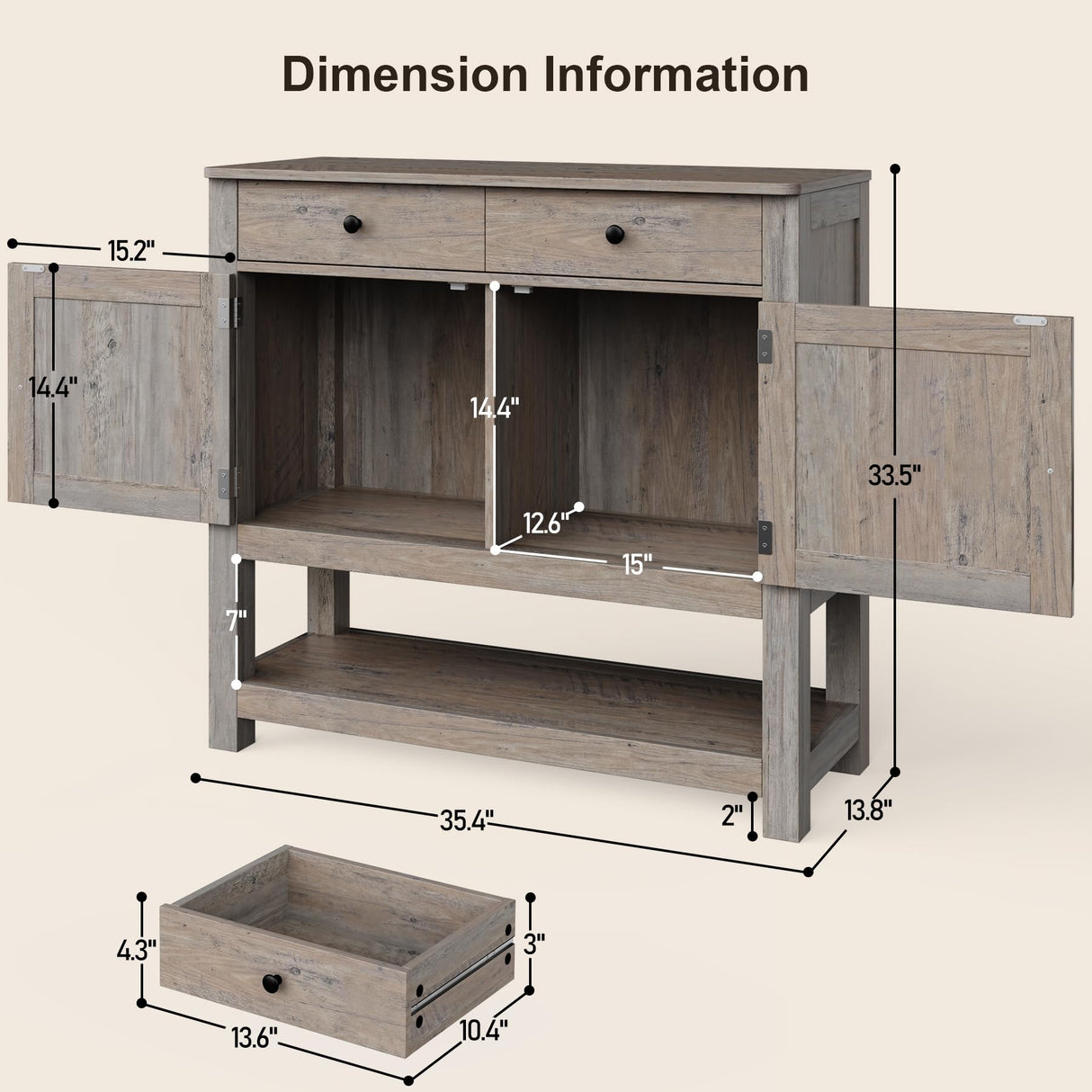 Buffet Sideboard Cabinet with Storage, 33.5''H Farmhouse Coffee Bar with 2 Cabinets and 2 Drawers,