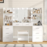 Desk Set with Mirror & Lights, Makeup Vanity with Stool and Charging Station, Makeup Desk with Drawers & Open Storage Shelves, Bedroom Vanity Table Set, White WDT006WD