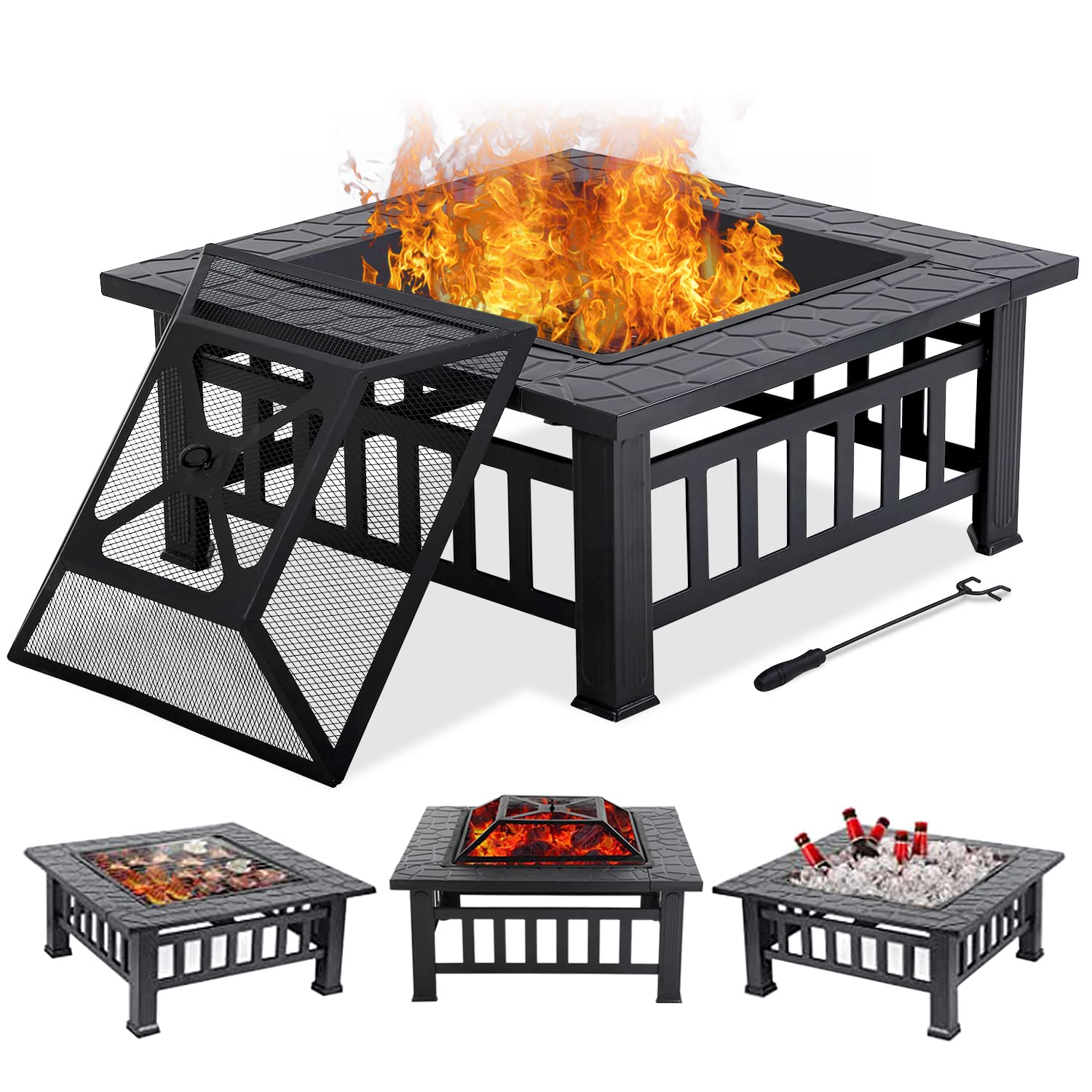 HCY 32" Fire Pit Table for Outside,Outdoor Fire Pit Square Wood Burning with Spark Screen Fire Poker for Camping,Backyard,Patio(Black) - Bircata