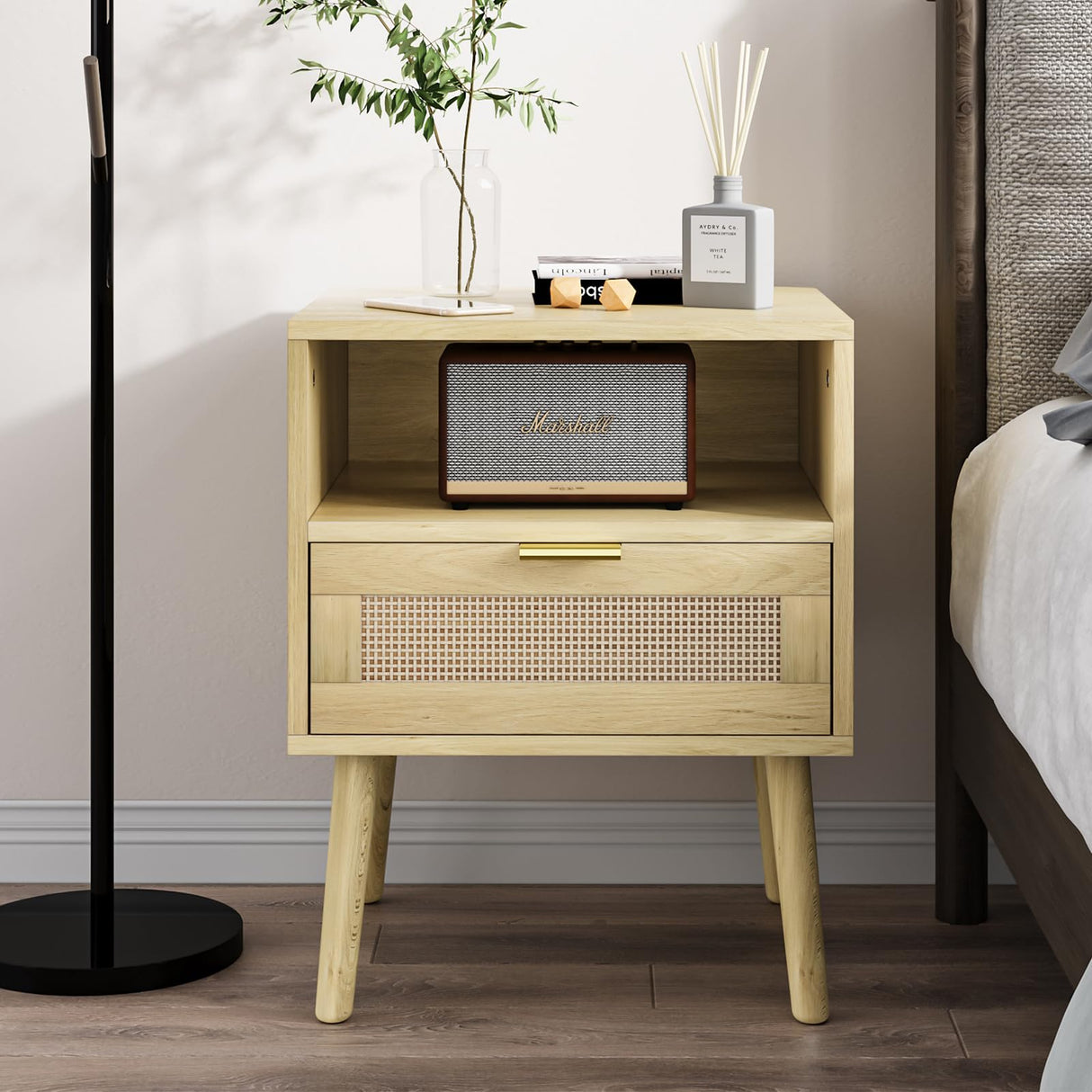 Natural Rattan Nightstand with Drawer, Boho Large Bedside Table with Open Shelf