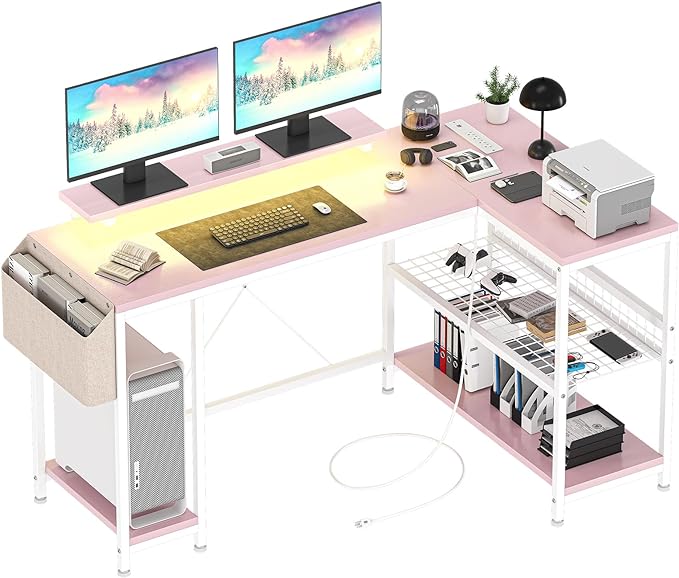 49" L Shaped Desk with Power Outlet & LED Lights, Reversible Corner Com