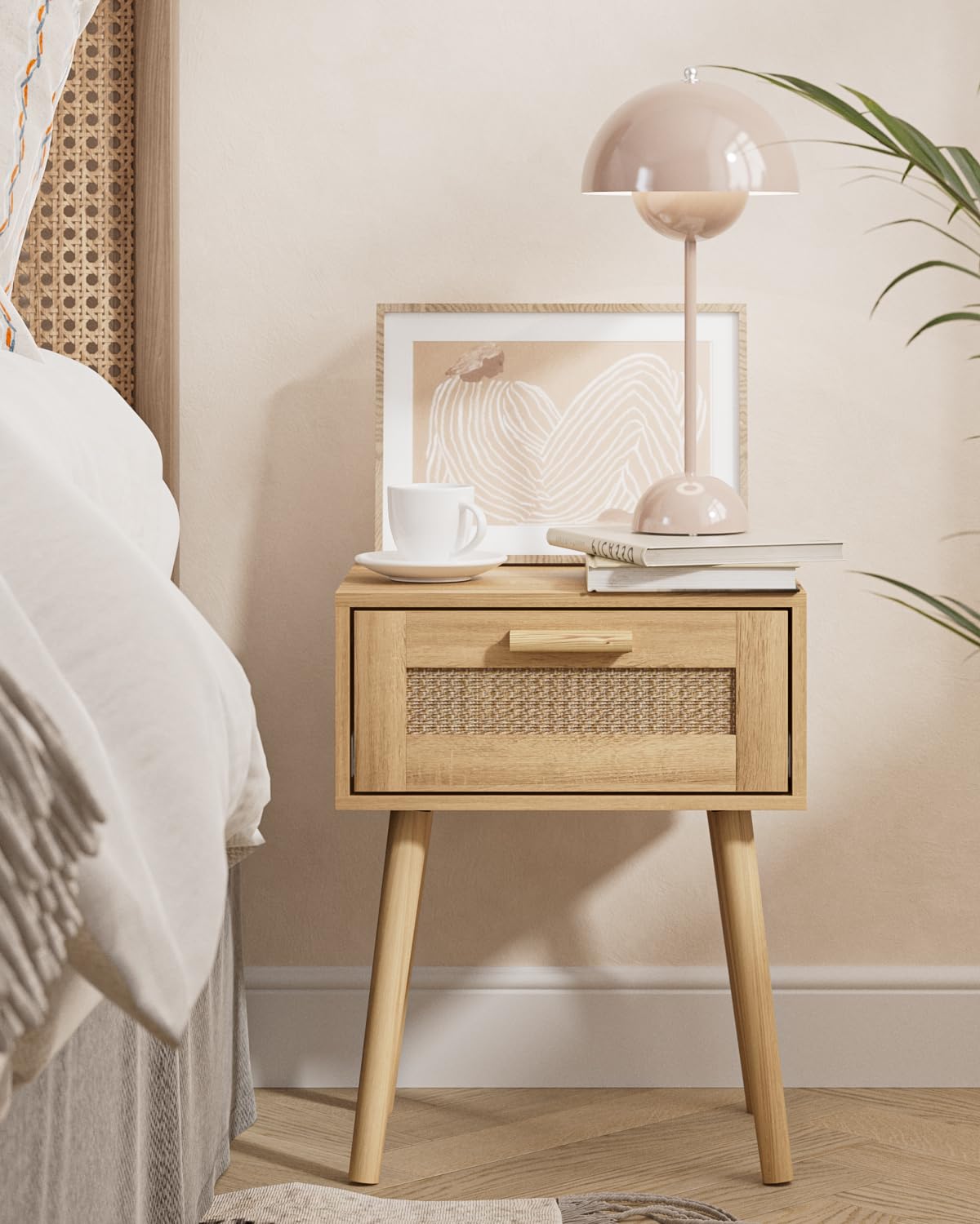 Bedroom Nightstands Wooden Night Stands with Rattan Weaving Drawer Home Bedside End Table for Bedroom Storage