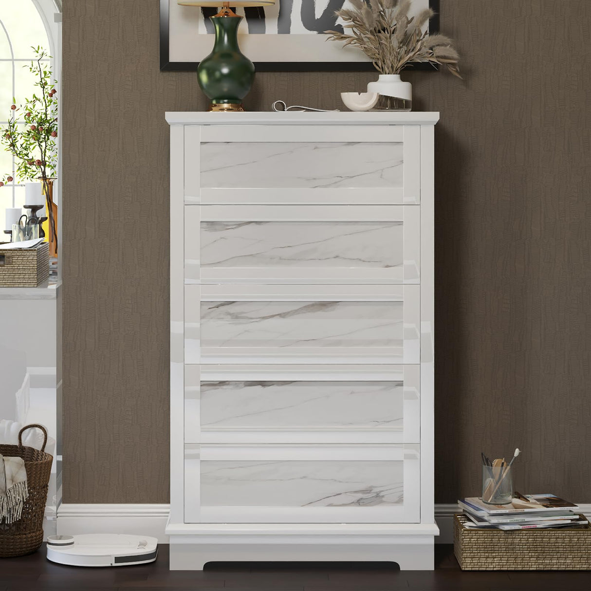 49.2" H Natural Marble 5 Drawer Dresser, High-Gloss Chest of Drawers No Handles